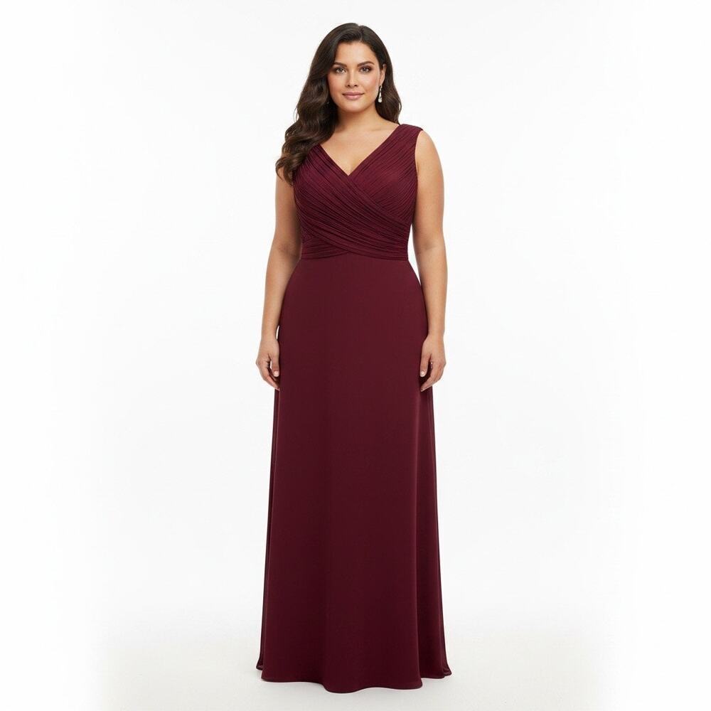 LEVKOFF Burgundy Pleated V-Neck Formal Maxi Dress Gown 26 Bridesmaid Wedding